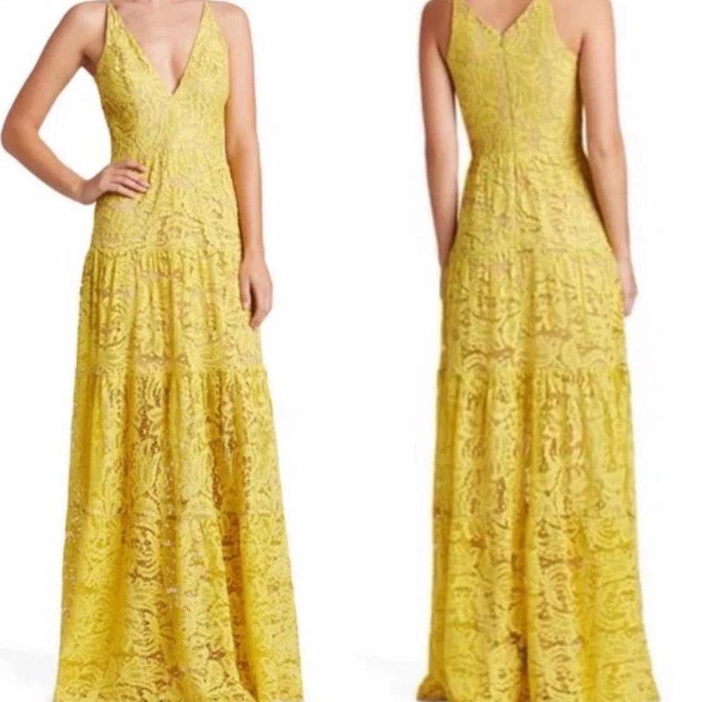 Dress the population Melina yellow lace maxi dress/ gown